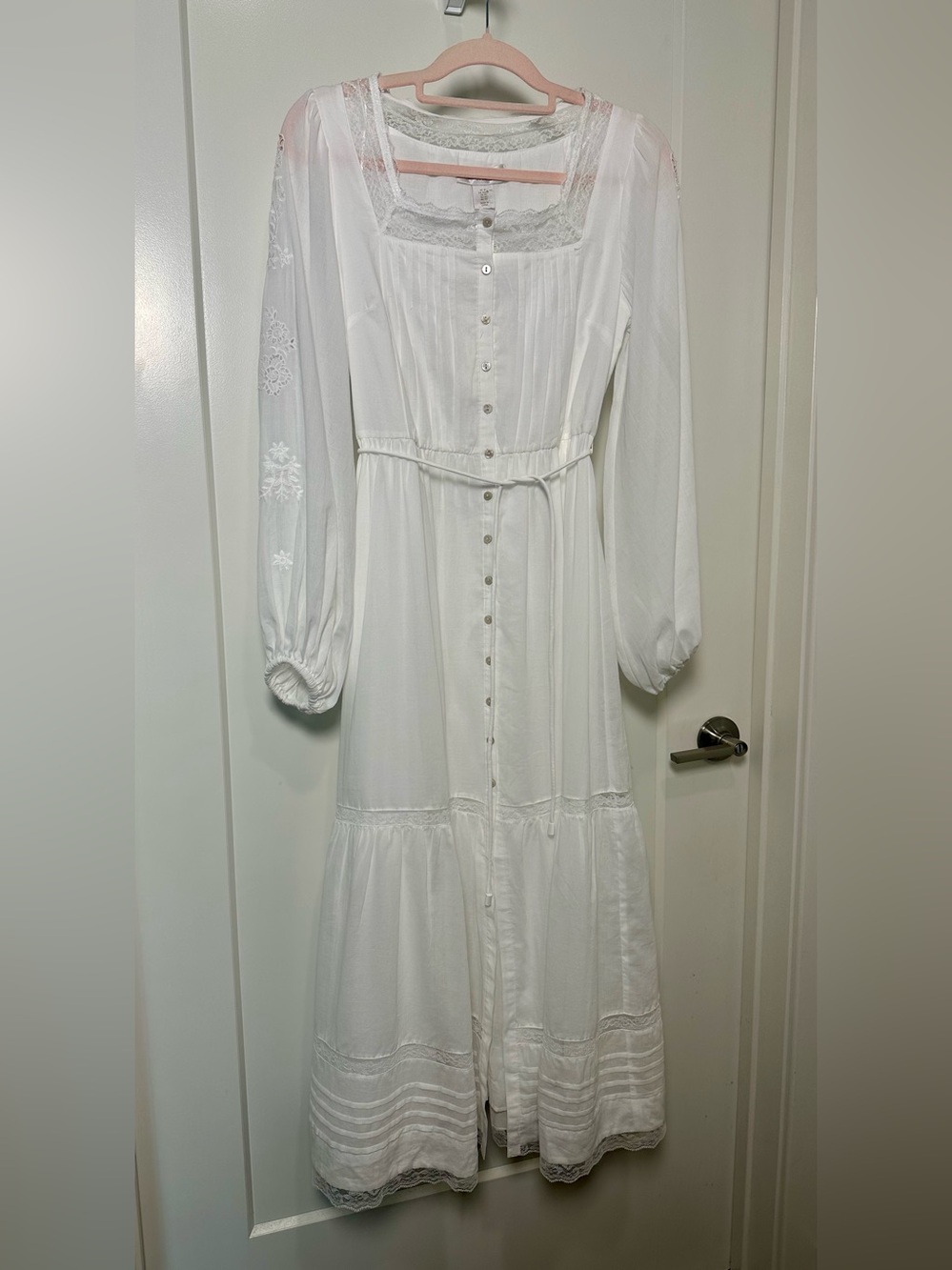 Caroline Constas White Lace-Trim Button Front Flowy Maxi Dress Size XS